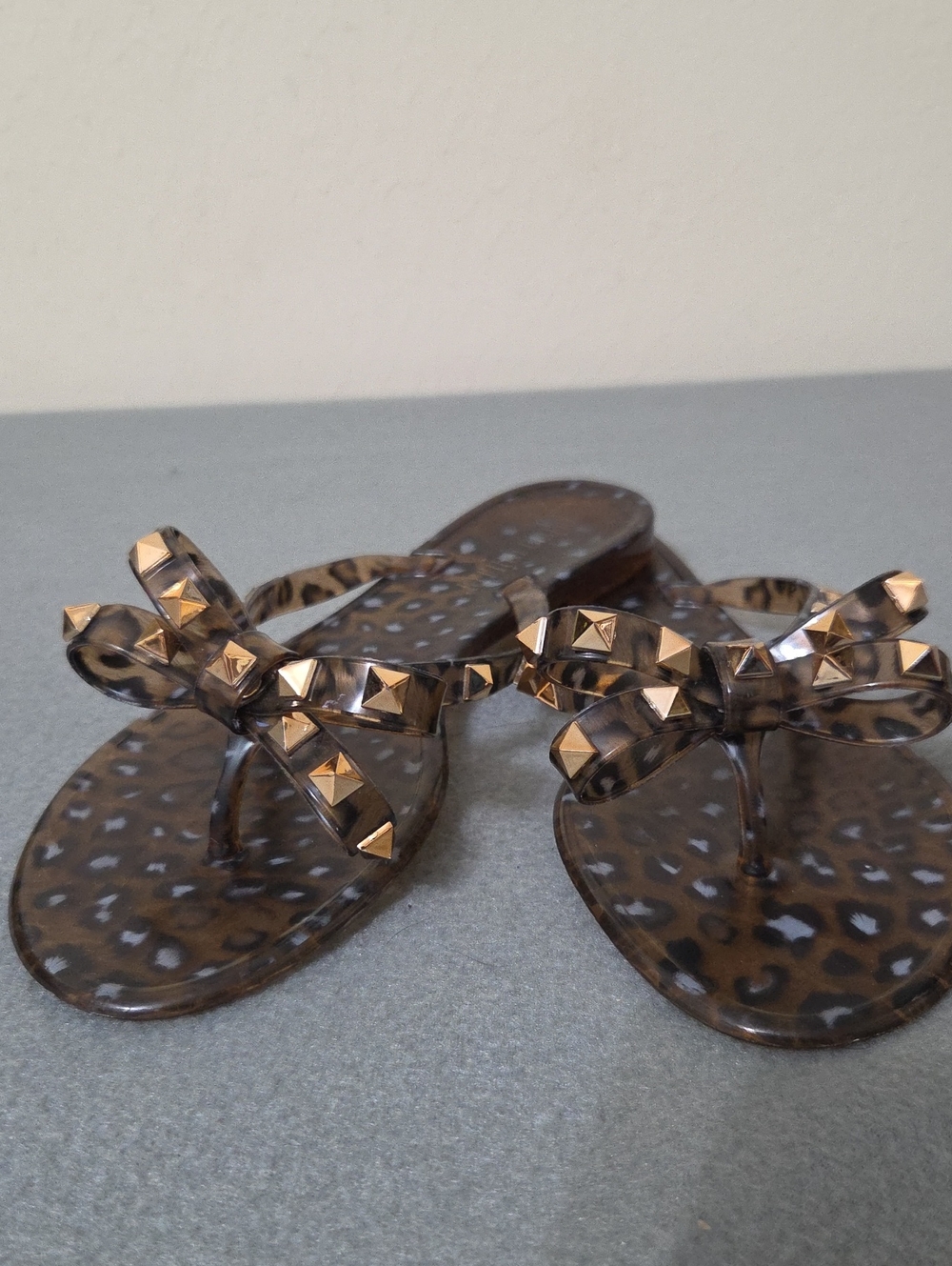 Olivia Miller Leopard Print Jelly Bow Flip Flops Gold Studs - Size 37 (US 6.5/7)